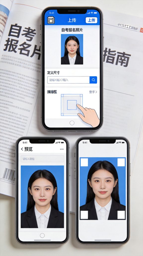 2026年自考报名照片裁剪要求与手机制作方法相关场景示意图